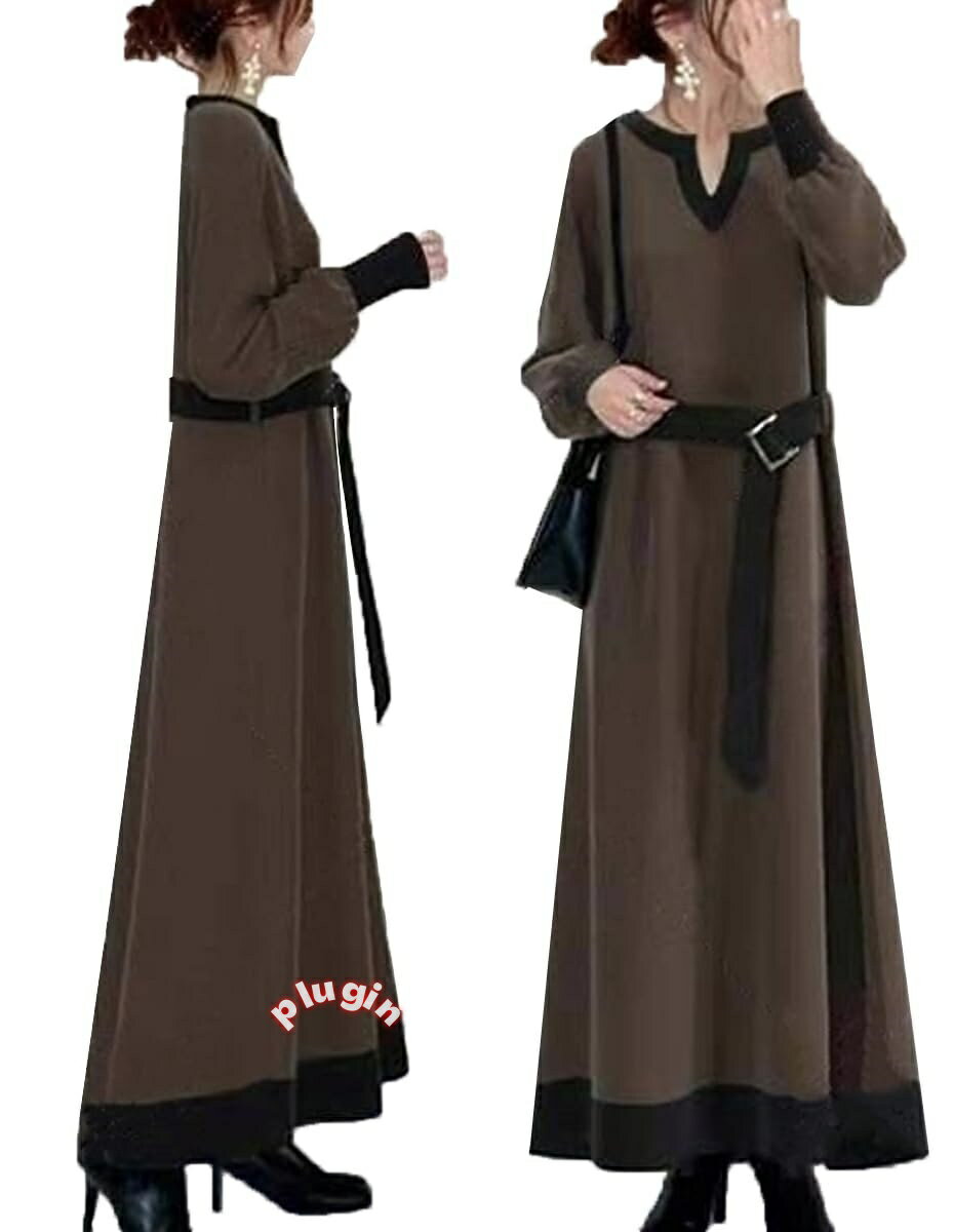 ロングワンピース ニットワンピース レディース ドッキングワンピース ドレス マキシワンピース フレア フリル 切り替え リブ ミモレ丈 ギャザー カジュアル Vネック 重ね着風 プリーツ ニット 長袖 春秋冬