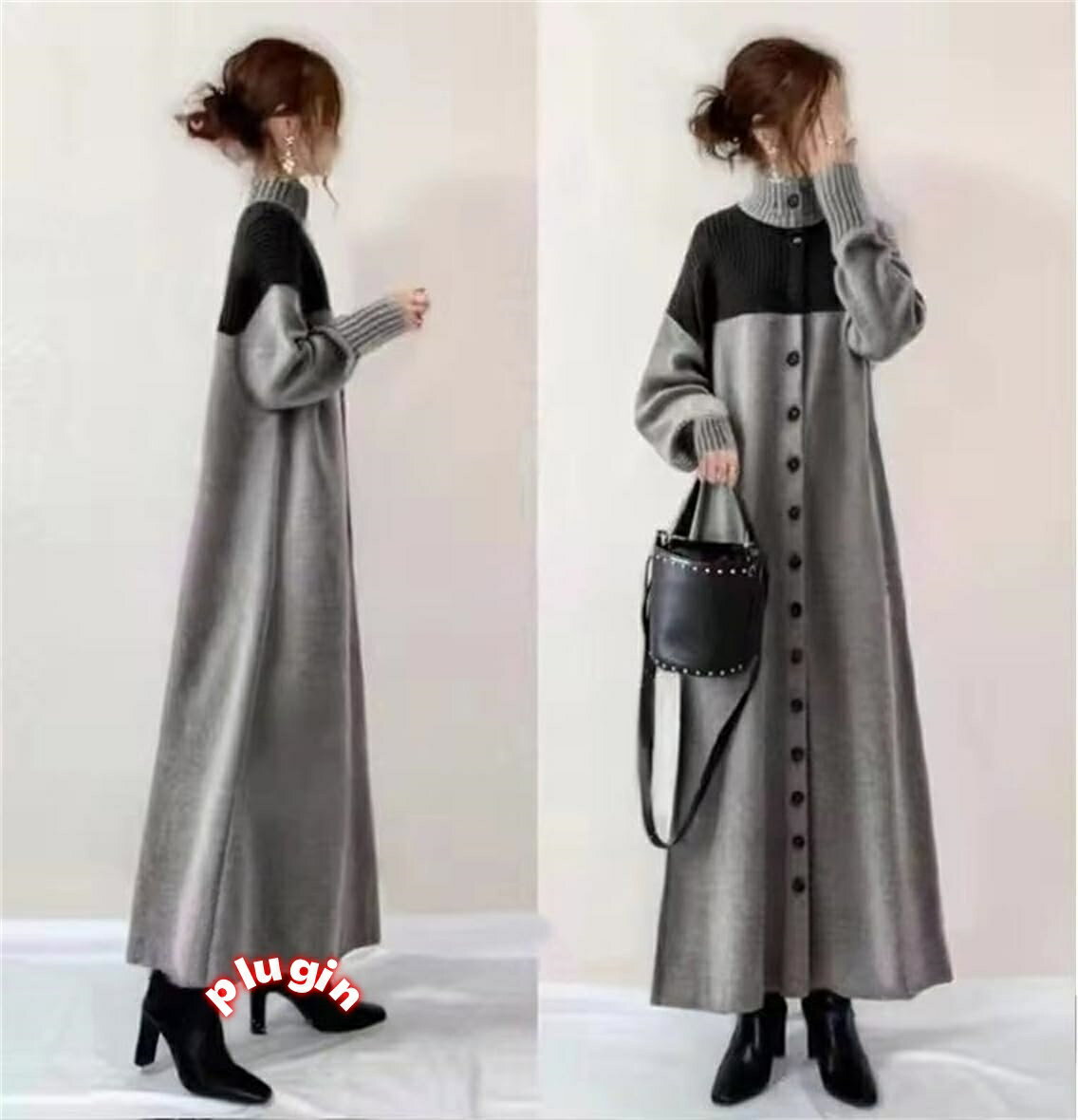 ニットワンピース レディース ロングワンピース コート ワンピース マキシワンピース ニット ドレス セーター フレア ギャザー ハイネック フリル 長袖 ミモレ丈 切り替え 重ね着風 春秋冬 カジュアル