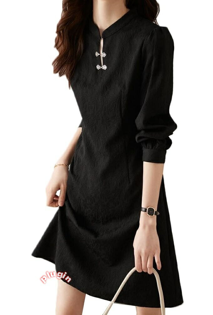 レディース ワンピース 膝丈ワンピース チャイナドレス 着痩せ スリム シンプル 中華風 カジュアル きれいめ おしゃれ エレガント 通勤 女子会 旅行 普段着 デート 春秋冬 ドレス 長袖 立ち襟 無地