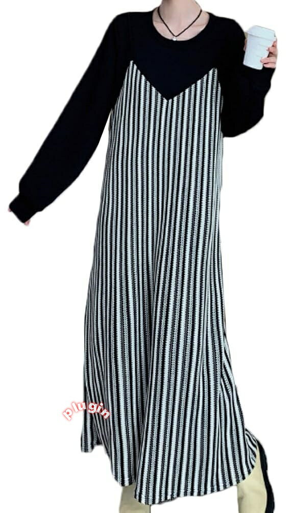 レディース ワンピース マキシワンピース ストライプ 切り替え ゆったり Aライン シンプル おしゃれ 部屋着 通勤 普段着 重ね着風 Tシャツワンピース 春秋 長袖 クールネック