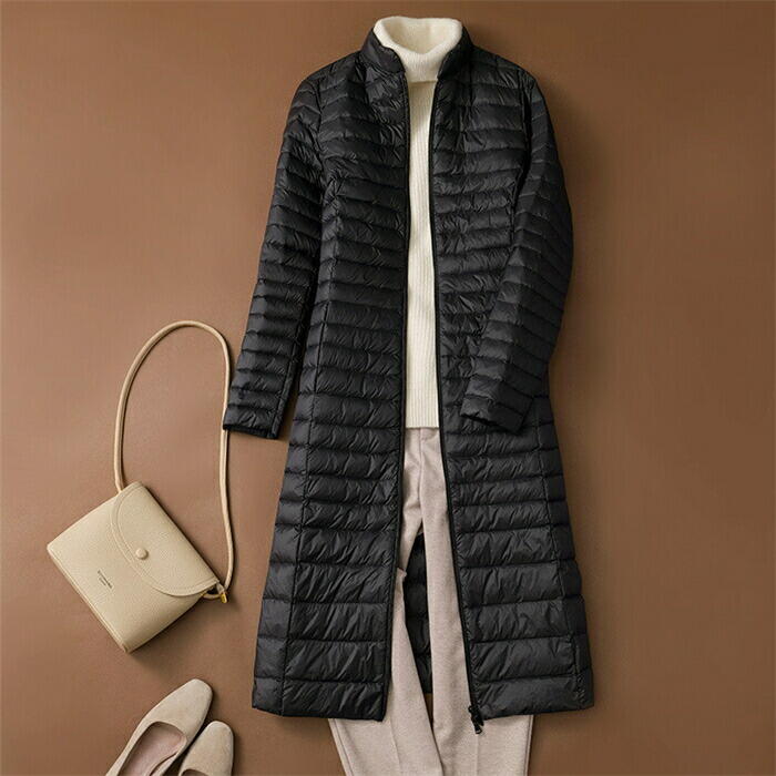 ダウンコート レディース インナーダウン ライトダウン スリム 細見え インナー ダウンジャケット ロング丈 超ロング 防寒 保温 あたっか 秋 冬 ダブルジップ アウター 収納袋付き 大きいサイズ 無地 きれいめ 30代