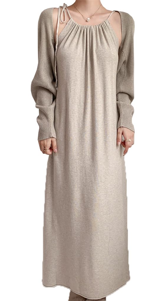 ニットワンピース＋ショール 2点セット レディース キャミソールワンピース コート プルオーバー 上下セット Uネック カジュアル 長袖 カジュアル 春秋冬 大人 上品 おしゃれ ロング丈 ニットセットアップ