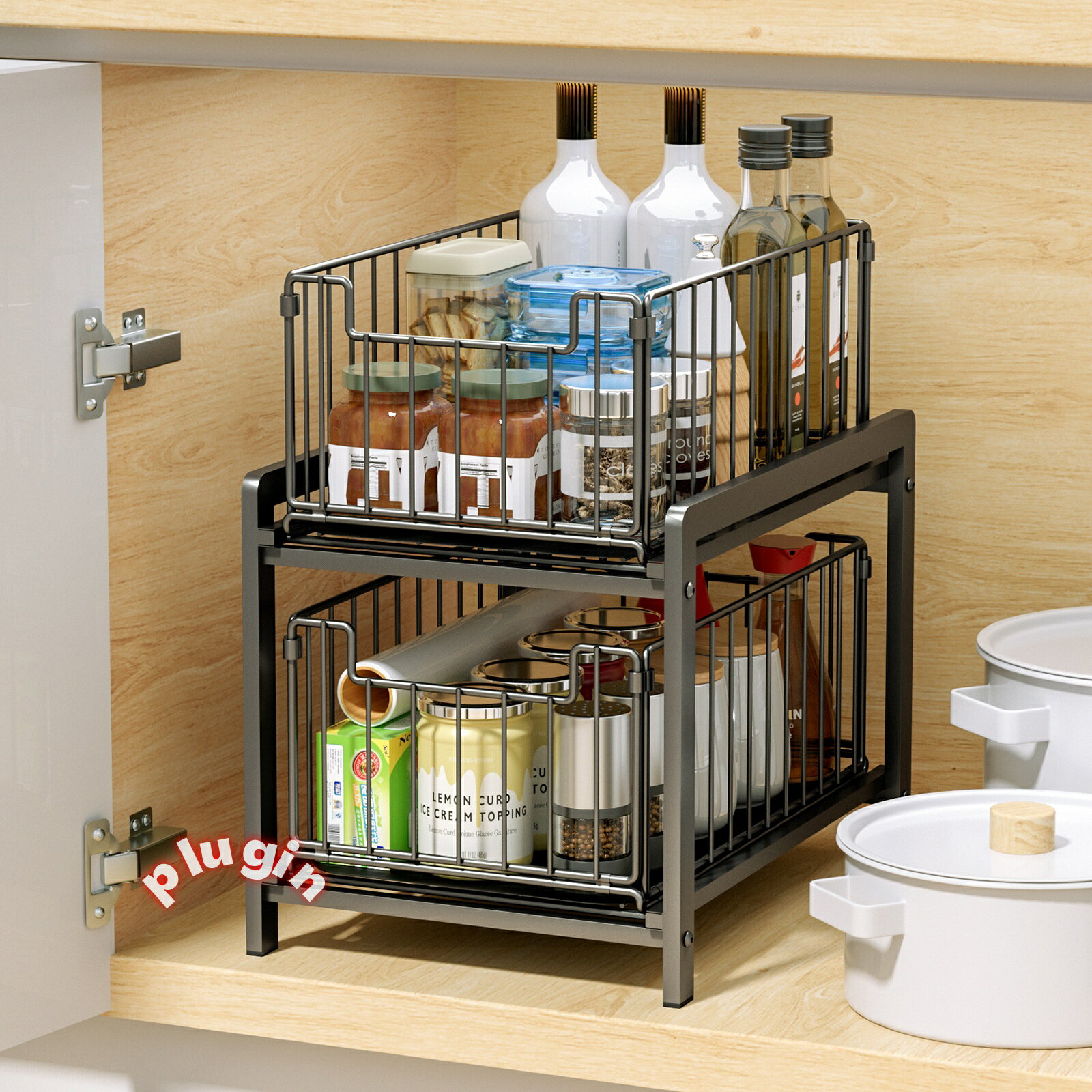 Sink Side Racks - 【期間限定ポイント15倍】シンク下収納ラック 引き出し式プッシュプル キャビネット下・床置き対応 多段式 取り外し可能 キッチン収納 滑り止め付き おしゃれ