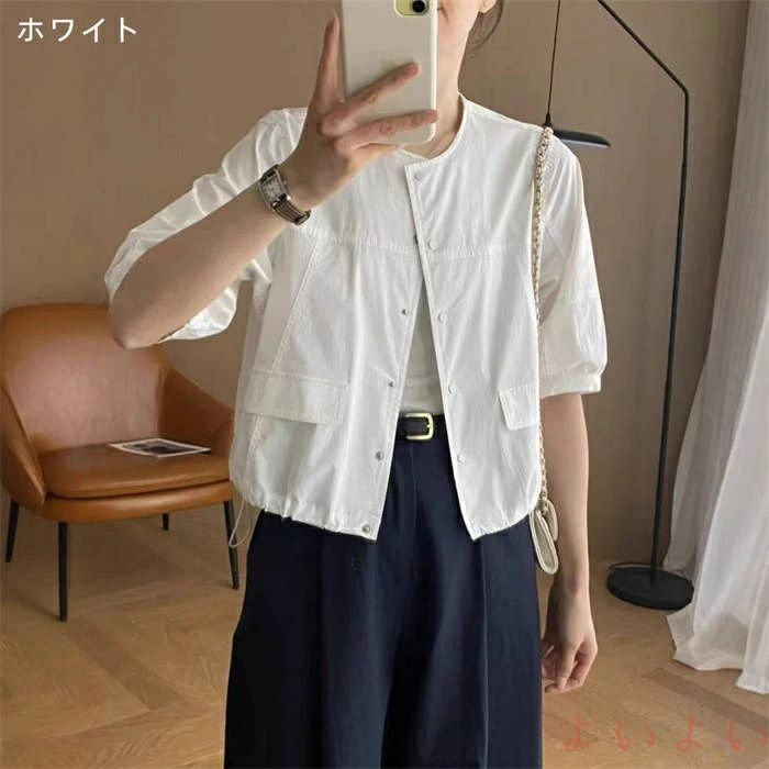 【送料無料】シャツ 綿 レディース 新作 無地 半袖 ラウンドネック 薄手 コート ジャケット アウター トップス デザイン感 ゆったり 前開き 羽織り 着痩せ 春 夏 体型カバー 2
