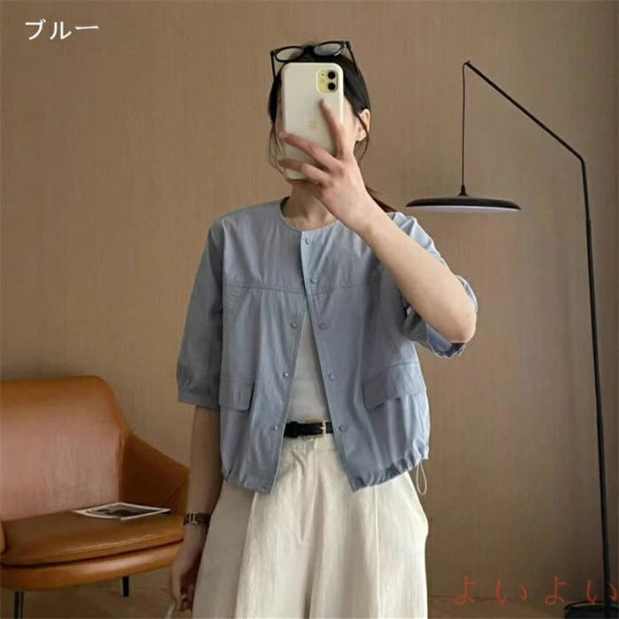 【送料無料】シャツ 綿 レディース 新作 無地 半袖 ラウンドネック 薄手 コート ジャケット アウター トップス デザイン感 ゆったり 前開き 羽織り 着痩せ 春 夏 体型カバー 3