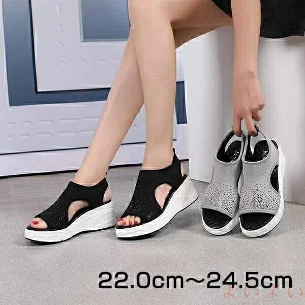 【送料無料】厚底 スポーツサンダル レディース ウェッジソール オープントゥ キラキラ ストーン バックストラップ 6cmヒール サマースニーカー風サンダル 通気 軽量 ストレ