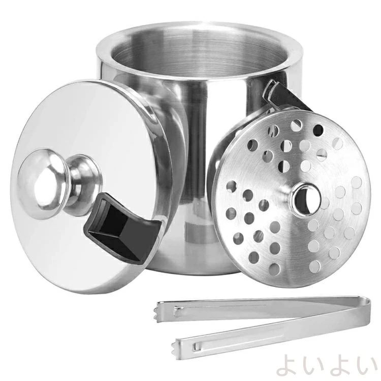 【送料無料】アイスペール 1.3L 二重構造 真空断熱 アイスバケツ 業務用アイスペール 全ステンレス構造 ステンレスブラック アイスバケット 蓋 アイストング付き