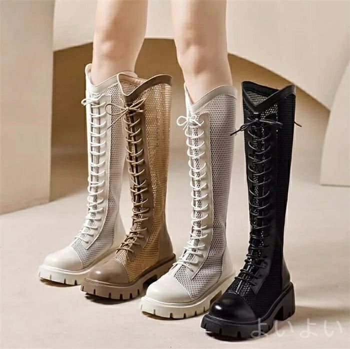 【送料無料】シューズ カジュアル 美脚 サマーブーツ 厚底 ブーツサンダル メッシュ 透け感 レディース ロングブーツ