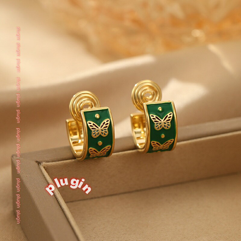 其它 - 【8倍ポイント】春夏新作 レトロシンプル イヤークリップ エナメル加工 C型蝶モチーフ グリーン ノンホールピアス 女性用ジュエリー