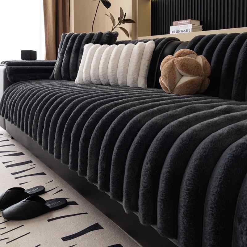 ソファパッド ストライプ 厚手 ベルベット 冬 防滑 北欧風 おしゃれ クッション グレー ホワイト ブラウン リビング 室内 ふわふわ 座面カバー ファブリック