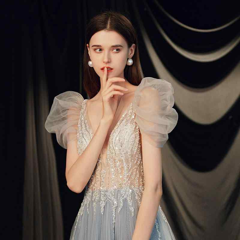 ウェディングドレス レディース 秋冬 イブニングドレス 訂婚 ワンピース 軽量 ロングスカート パフスリーブ 3分袖 深Vネック ミッドウエスト フレアスカート タイバック ポリエステル スターブルー ローズレッド 普段使い