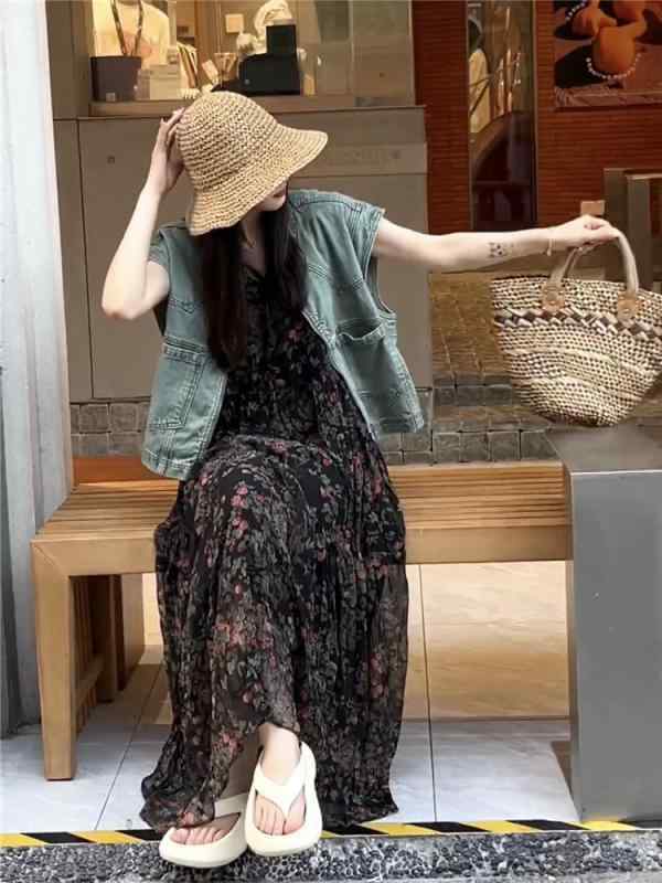 レディース デニム ベスト ノースリーブ ジップアップ ポケット ゆったり 夏 レトロ セット ワンピース ロング丈 花柄 大人 おしゃれ