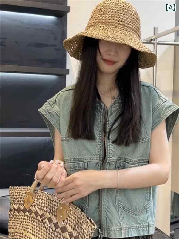 レディース デニム ベスト ノースリーブ ジップアップ ポケット ゆったり 夏 レトロ セット ワンピース ロング丈 花柄 大人 おしゃれ 2