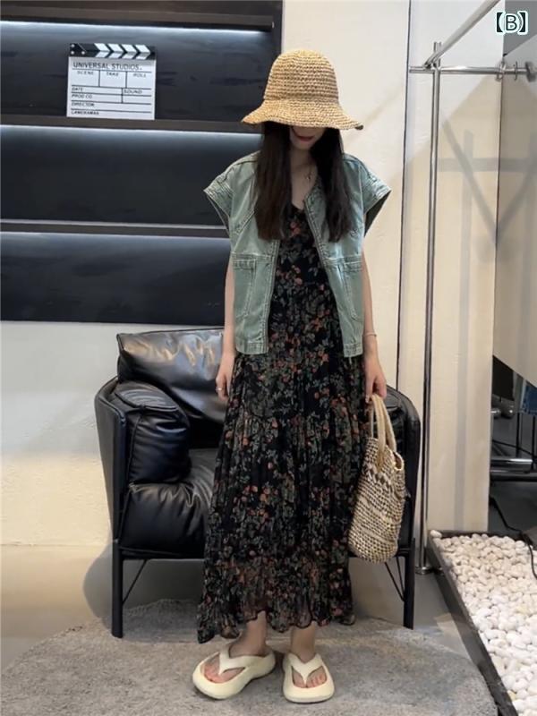 レディース デニム ベスト ノースリーブ ジップアップ ポケット ゆったり 夏 レトロ セット ワンピース ロング丈 花柄 大人 おしゃれ 3