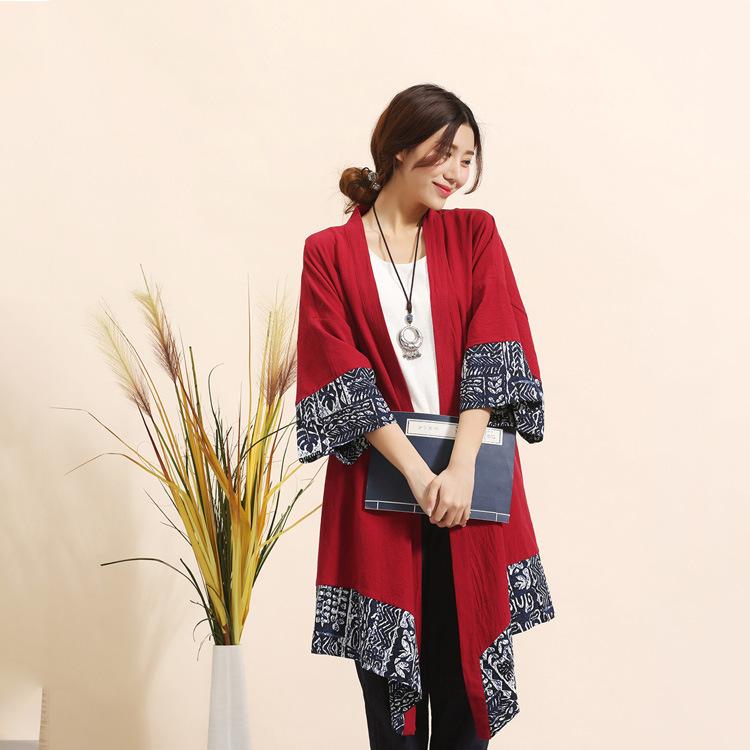 Wigs, Hair Extensions - トレンチコート レディース レトロ スリムフィット 切り替え ブルー 米字花柄 長袖 ミドル丈 バティック風 綿麻 リネン混 アシンメトリー フリーサイズ おしゃれ カジュアル