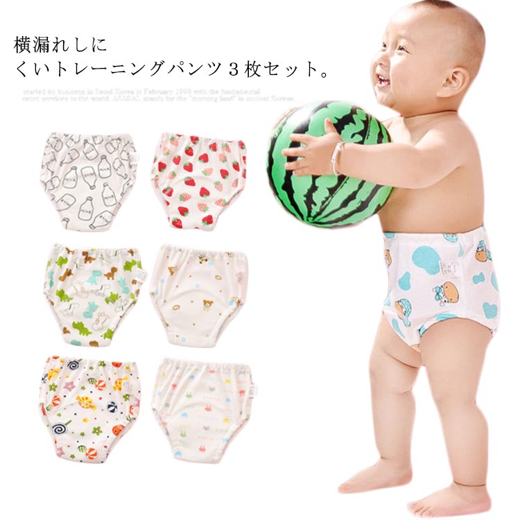 お子さまにはかわいいパンツを履く楽しさを。6層なので内側でしっかり吸収し、間の防水シートで外側に漏れにくいです。洗い替えに便利な3枚セット、出産のお祝いやプレゼントにも喜ばれると思いますよ♪ サイズ3枚セットS 3枚セットM 3枚セットL 3枚セットXLサイズについての説明S(cm) 総丈:22 ウエスト:19〜27 ヒップ:22 モモ幅:11 お勧め体重/身長:7〜8.5KG/70cm M(cm) 総丈:23 ウエスト:20〜28 ヒップ:23 モモ幅:11.5 お勧め体重/身長:9〜11.5KG/80cm L(cm) 総丈:24 ウエスト:21〜30 ヒップ:25 モモ幅:12 お勧め体重/身長:12〜14KG/90cm XL(cm) 総丈:25 ウエスト:22〜33 ヒップ:26 モモ幅:13 お勧め体重/身長:14.5〜16.5KG/100cm ※上記サイズは平置き実寸になります。 サイズ表の実寸法は商品によって1-3cm程度の誤差がある場合がございます。素材綿＆TPU色カラー1 カラー2 カラー3 カラー4 カラー5 カラー6 カラー7 カラー8 カラー9 カラー10 カラー11 カラー12 カラー13 カラー14 カラー15 カラー16 カラー17 カラー18 カラー19 カラー20備考注意★洗濯時、色落ちがございます。他の物とのお洗濯もお控えくださいませ。湿気を含んだ状態や水を含んだまま放置しないでください。この製品は洗濯で若干縮むことがあります。洗濯機は使用できません。※ベージュ×モカのみ使用糸の関係上、風合いが少々異なります。 ●綿混合商品は洗濯時に多少縮む事がございます。 ●本製品は生産過程におきまして、生地を織る際の糸の継ぎ目や多少のほつれが生じることがありまが、品質上は問題ありません。また、生地の織りに他繊維が混紡している場合もございます。▼色落ちの恐れがございますので、他のものとは分けて洗濯してください。▼タンブラー乾燥はお避け下さい。▼洗濯の際は他の物と区別して、漂白剤を避け、手洗いを お勧めします。 この商品を購入された方のレビュー&nbsp;すべてのレビューを見る（1件） &rArr;このショップのレビューを見る 総合評価総合評価に有効な件数に達しておりません。 ヒヒヒ237さん　30代/男性 評価5.00 投稿日：2022年05月21日 トイトレには良い感じです パンツも可愛い　 このショップの人気商品ランキング 位 円 (