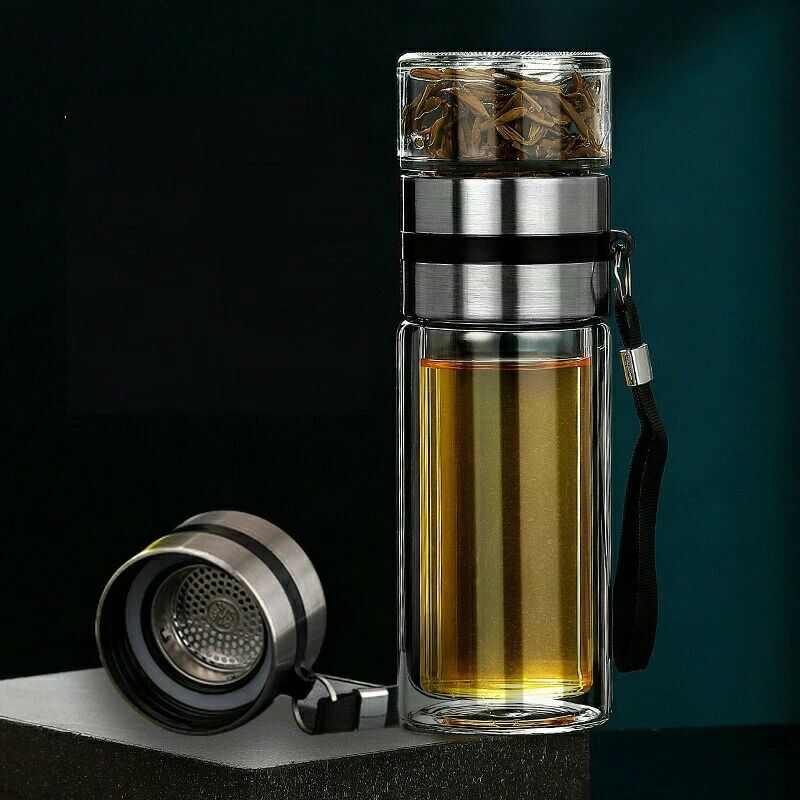 ガラスボトル 500ml 独立お茶こし付き 透明 おしゃれ ウォーターボトル ストラップ付き 逆さにしても漏れない ドリンクボトル お茶 麦茶 ダブルウォール タンブラー