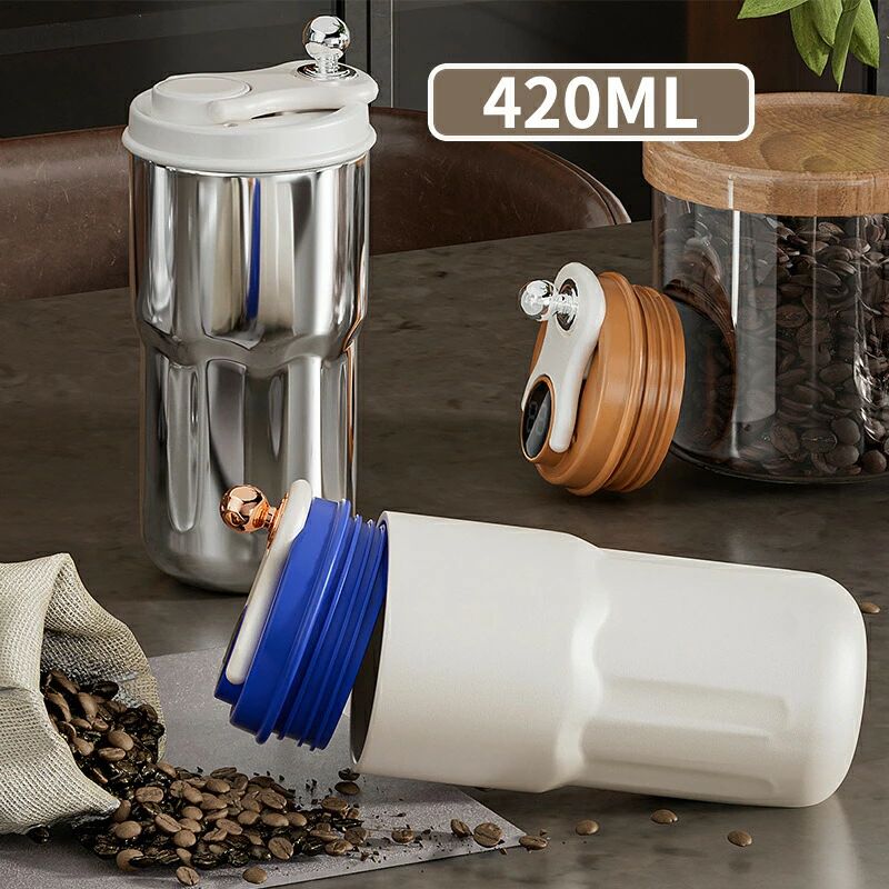 水筒 保温 保冷 大容量 420ml 液温表示可能 蓋付き ホルダー付き 真空断熱 タンブラー おしゃれ 持ち運び マグボトル 水筒 こぼれない 直飲み 二重構造 ステンレス コーヒー カップ 可愛い