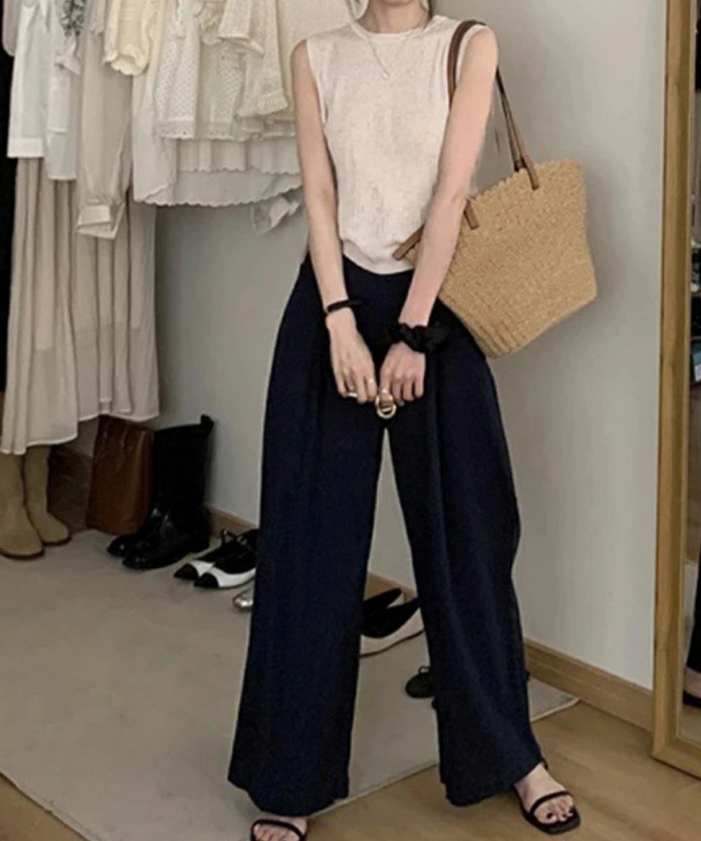 【ポイント8倍】ラウンドネックプルオーバー 前後リブニット 背中開き 夏服 バックオープンニットソー きれいめ サマーニットタンクトップ レディース ノースリーブトップス