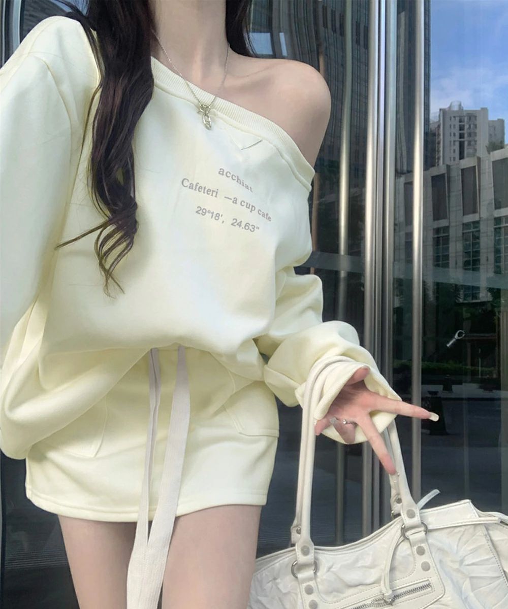 【ポイント8倍】インナーパンツ付きスカートウエストゴム ドロップショルダートップスおしゃれ服 レディーストレーナーきれいめ ポケット付き 英字ロゴスウェットセットアップ大人可愛い