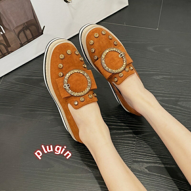 ポイント8倍【送料無料】2026春新作ラインストーン厚底プラットフォームシューズレディースラウンドトゥメタルバックルウェッジシューズで英国風スリッポンの高さをup(4.0)