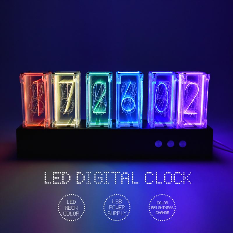 LED ニキシー管風 デジタル時計 置き時計 卓上時計 ネオン 虹 レインボー レトロ メカニック 発光 ゲーム 部屋 おしゃれ インテリア バー カフェ 雑貨 USB給電