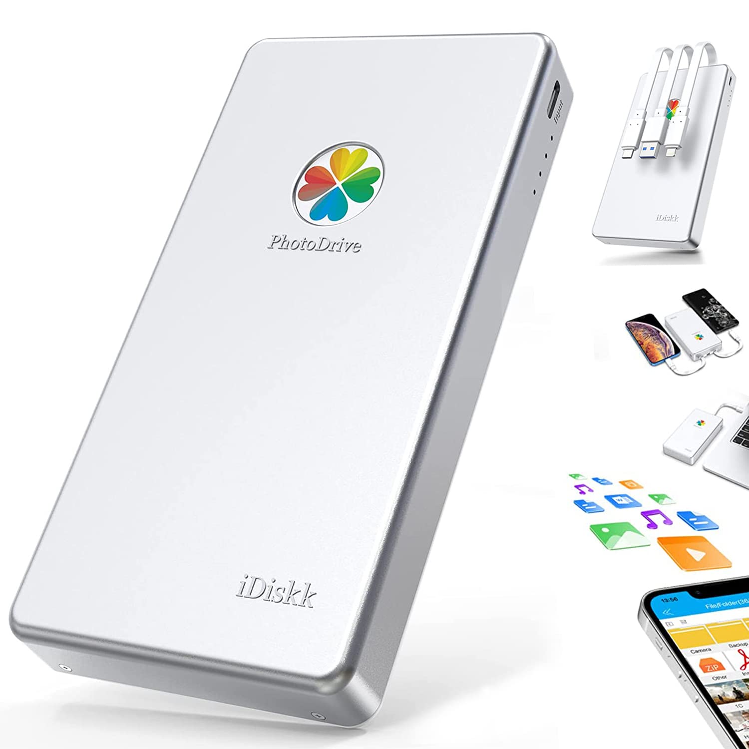 【Apple mfi認証済 2048GB iPhone15対応】iDiskk iPhone外付けハードドライブ 2TB 2.5インチ外部hdd フラッシュドライブメモリ【Lightning+Type-C+USB 3本ケーブル本体に付き】iPhone/iPad/Mac/PC/Androidなど対応高互換性プラグ&プレイ ワンクリック自動バックアップ携