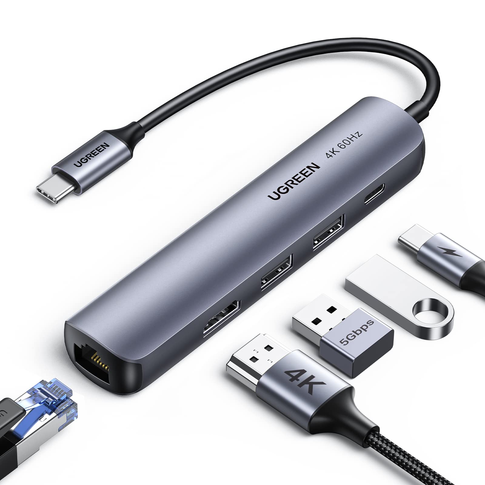 UGREEN ϥ USB-C 5-IN-1 USB3.0 HDMI 4K/60Hz RJ45 1Gbp USB3.0ݡ PD...