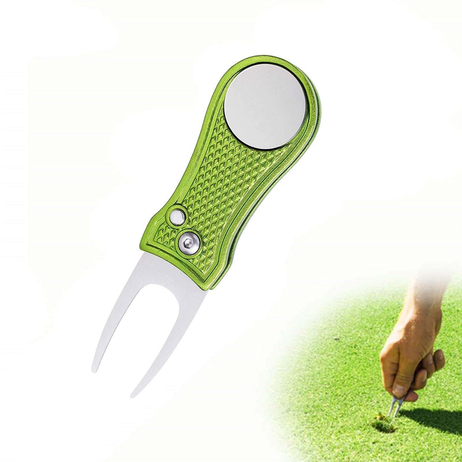 YFFSFDC ゴルフフォーク 折りたたみ式 ゴルフ フォーク 修理 フォーク 持ち運び便利 亜鉛合金 ゴルフ 用品 アクセサリー 贈り物 1個入り（ライムグリーン 丸柄フォーク）