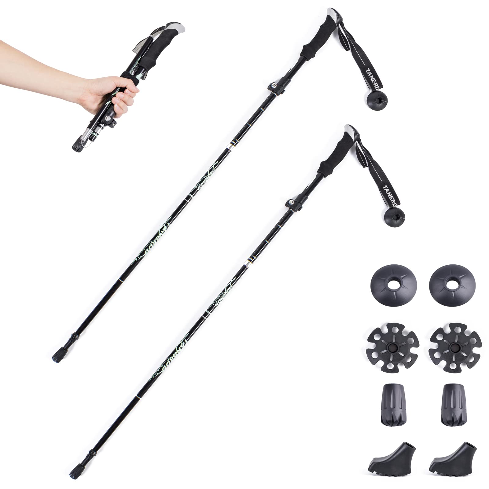 TRIWONDER トレッキングポール 折りたたみ 登山ストック ウォーキングポール 軽量アルミ製 コンパクト 収納バッグ付属品付き (ブラック - 110cm（2本）)