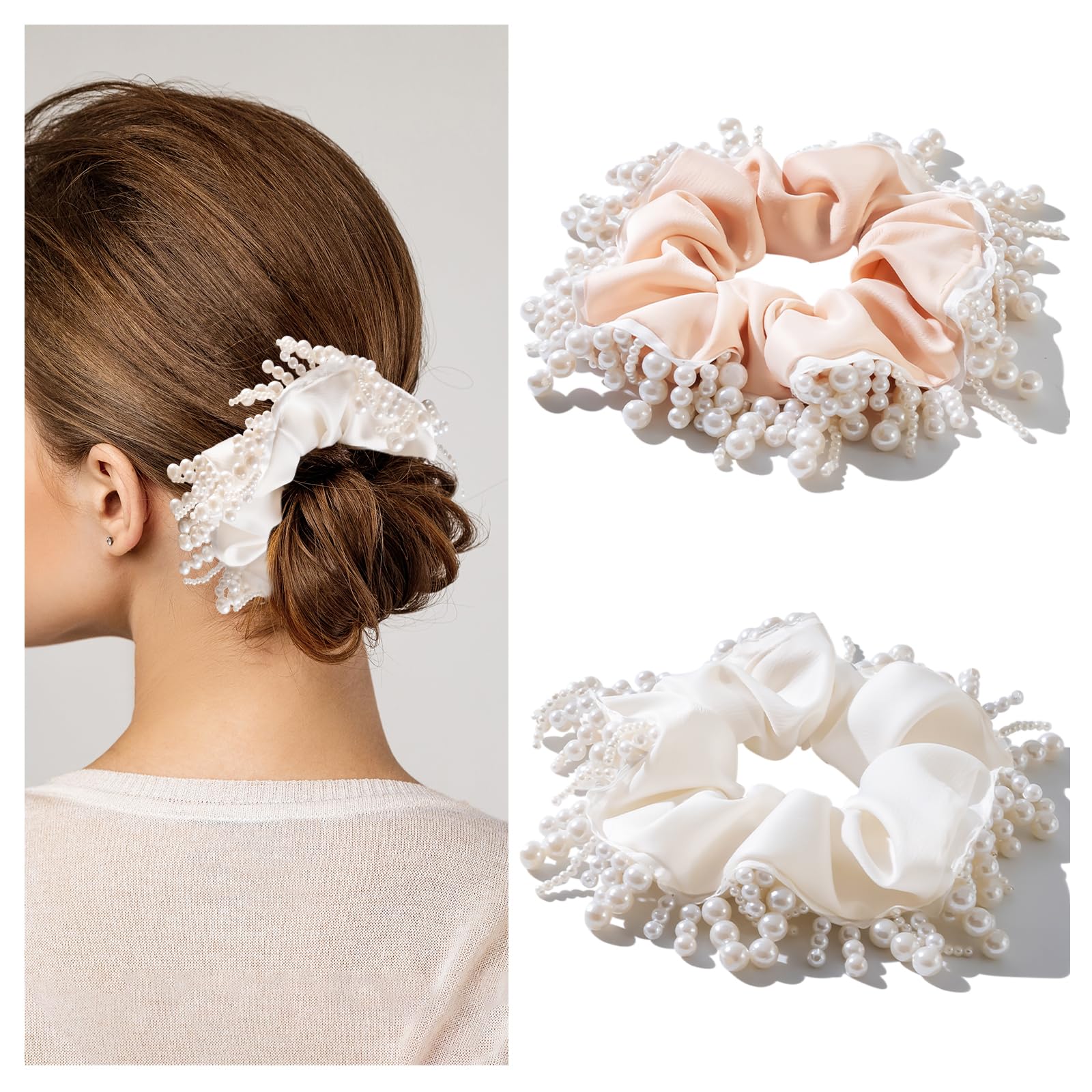 【送料無料】Lolalet ヘアゴム シュシュ タッセルパール サテン 大人 レディース リボン 立体感 おしゃれ 髪留め プレゼント 2個セット