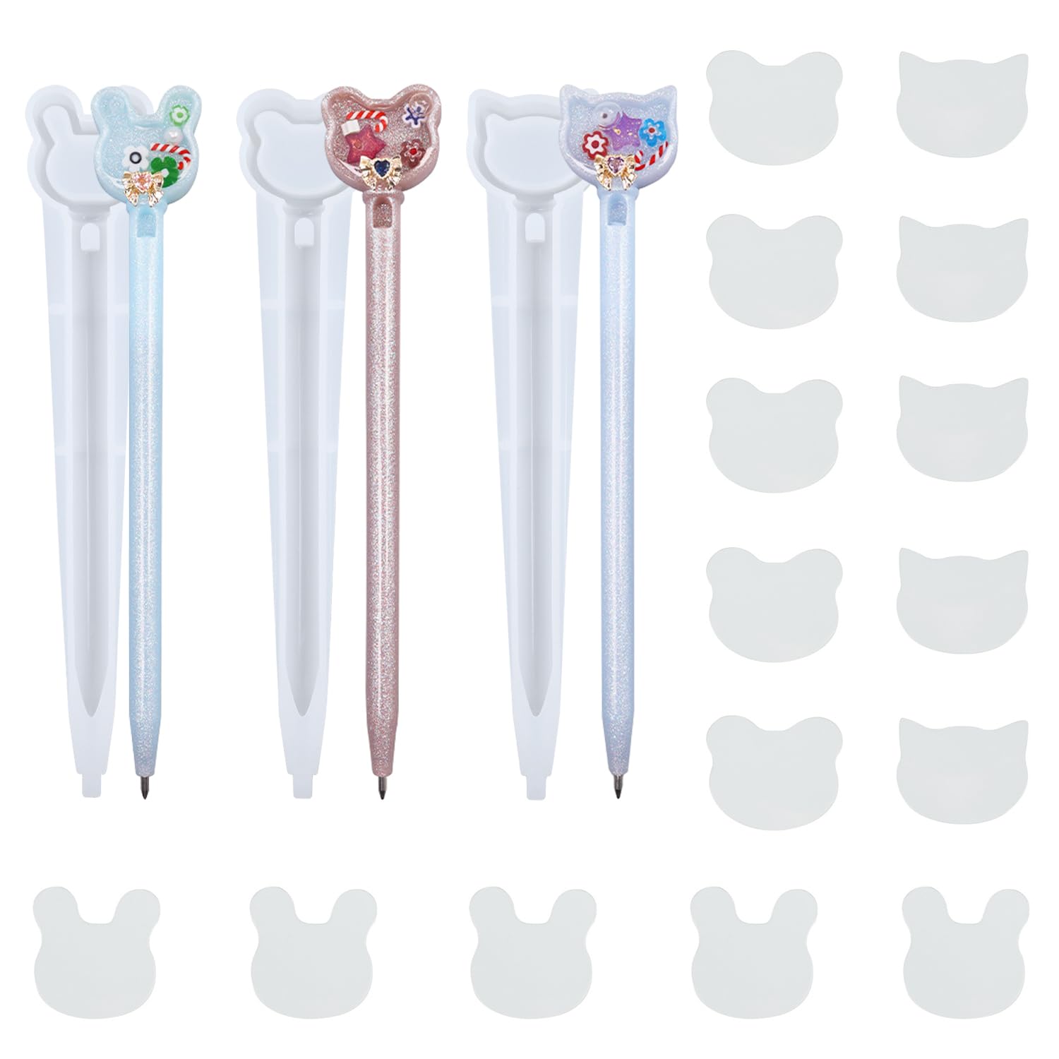 ADOFUN シリコンモールド 3個セットト ペン形 シリコンモールド ウサギ 猫 熊 流砂のペン 中身がシャカシャカ動く UVレジン型 鏡面仕上げ レジンモー...