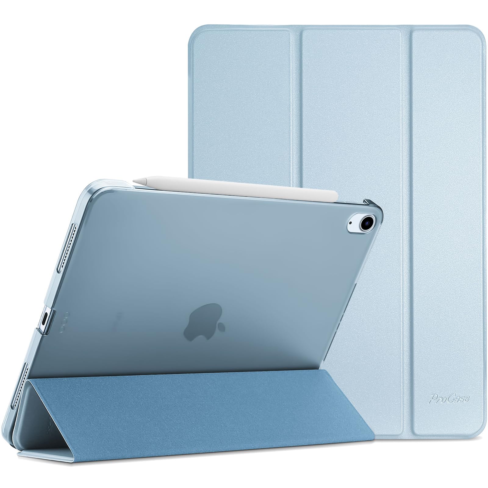 【送料無料】ProCase iPad Air 11インチ M2 (2024) / iPad Air 第5世代 / 第4世代 ケース 軽量 スタンド 三つ折り フォリオ保護ケース 半透明バックカバー Apple Pencil 2対応 対応端末：iPad air 11インチ M2 (2024)、iPad Air5 2022、iPad Air4 2020 - スカイブルー