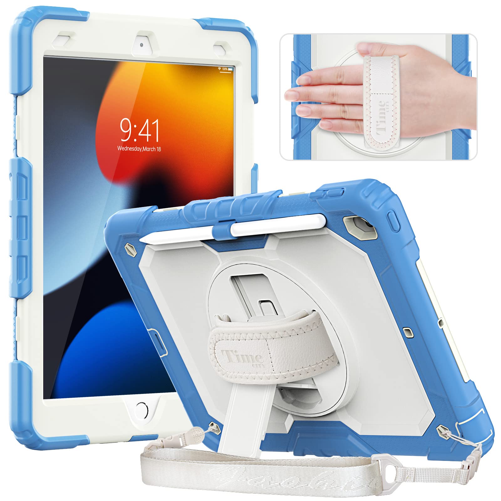 Timecity iPad 9世代/8世代/7世代 ケース 耐衝撃 三層保護 肩掛け 持ち手 保護フィルム 360°回転 スタンド ストラップ ペン収納 頑丈 丈夫 多機能 防塵 現場 オートドア 取り付け指導 iPad ケース 10.2インチ (ブルー)