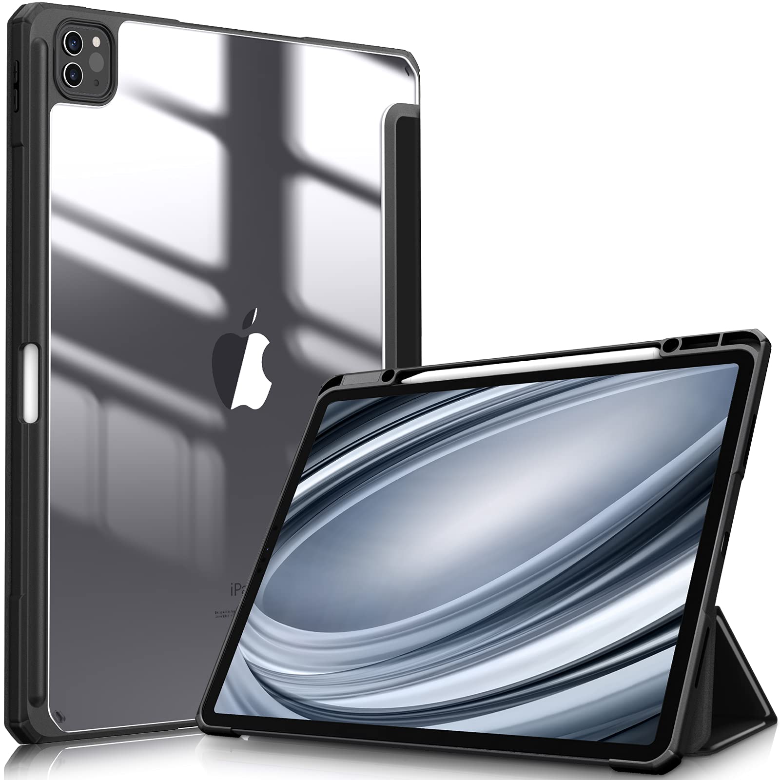 Fintie iPad Pro 12.9 ケース 2022/ 2021/ 2020/2018 12.9インチ 透明バックカバー Apple Pencil 収納可能 Apple Pencil 2 ワイヤレス充電対応 三つ折スタンド スリープ機能 軽量 薄型 傷つけ防止 PU合成レザー TPU (モデル番号A2378、A2461、A2379、A2462)( 1ブラック)