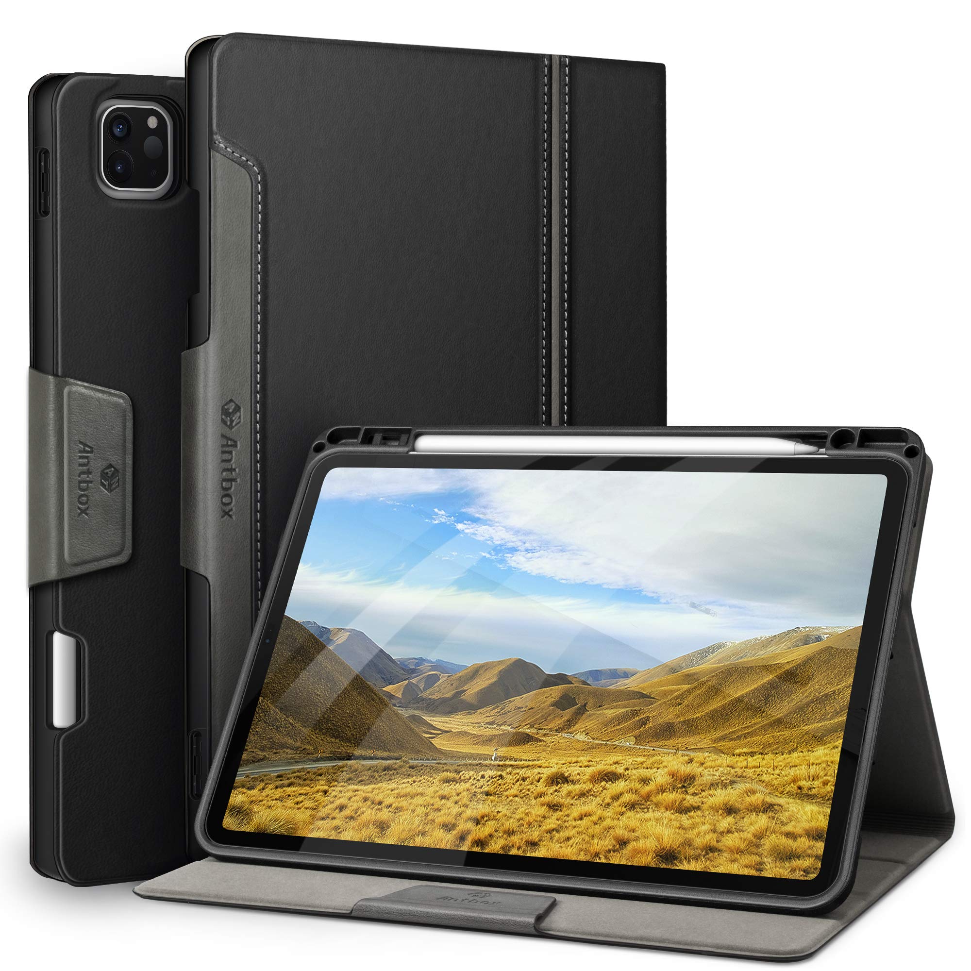 【送料無料】Antbox iPad Pro 11インチ ケース 2022/2021/2020/2018 iPad Pro 11 第4/3/2/1世代兼用 Apple Pencil 2 収納/ペアリングとワイヤレス充電対応 ひび割れ防止 PUレザー製iPad Pro 11 カバー オートスリープ＆スタンド機能付き (黒)