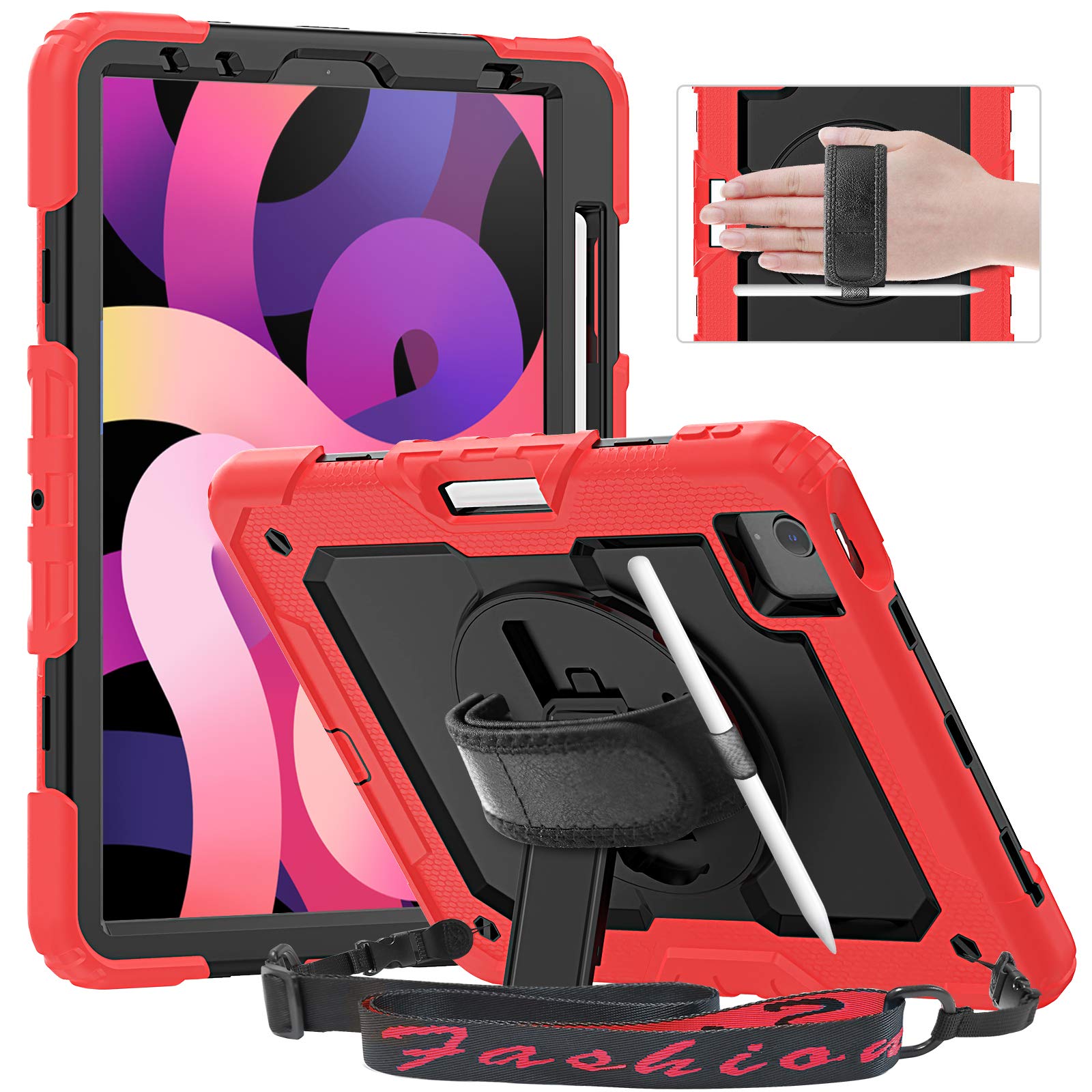 Timecity iPad air 第5世代 iPad air 第4世代 ケース 10.9 インチ ケース (2022/2020) iPad air5 ケース 10.9インチ 2022 耐衝撃 ipad air4 ケース 保護フィルム付き 360度回転スタンド ショルダーベルト ハンドストラップ ペンシル収納 肩掛け 片手持ち 子供 現場 工事