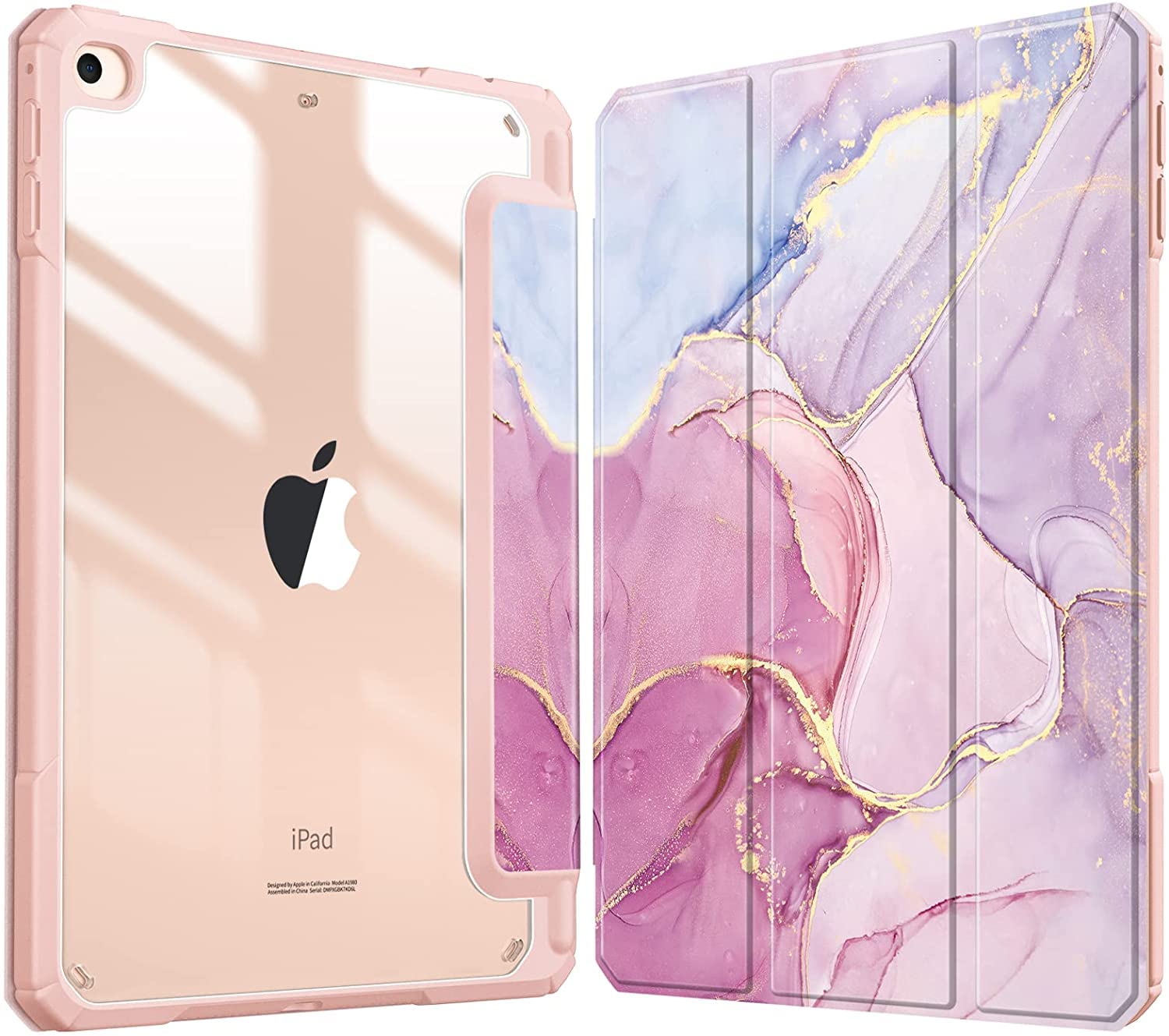 Fintie iPad Mini 5 2019 / iPad Mini 4 ケース 7.9インチ 第5世代 透明バックカバー Apple Pencil 収納可能 三つ折スタンド スリープ機能 軽量 薄型 傷つけ防止 PU合成レザー TPU (モデル番号A2133、A2124、A2126、A2125)(柄 X マーブルピンクA)