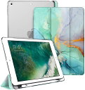 Fintie iPad 9.7 2018 2017 ケース ペンホルダー付き Apple Pencil 収納可能 三つ折スタンド スリープ機能 軽量 薄型 半透明 バックカバー iPad 9.7 インチ 第6世代 / 第5世代 対応 (モデル番号A1893、A1954、A1822、A1823)(柄 X マーブルグリーン)(2)