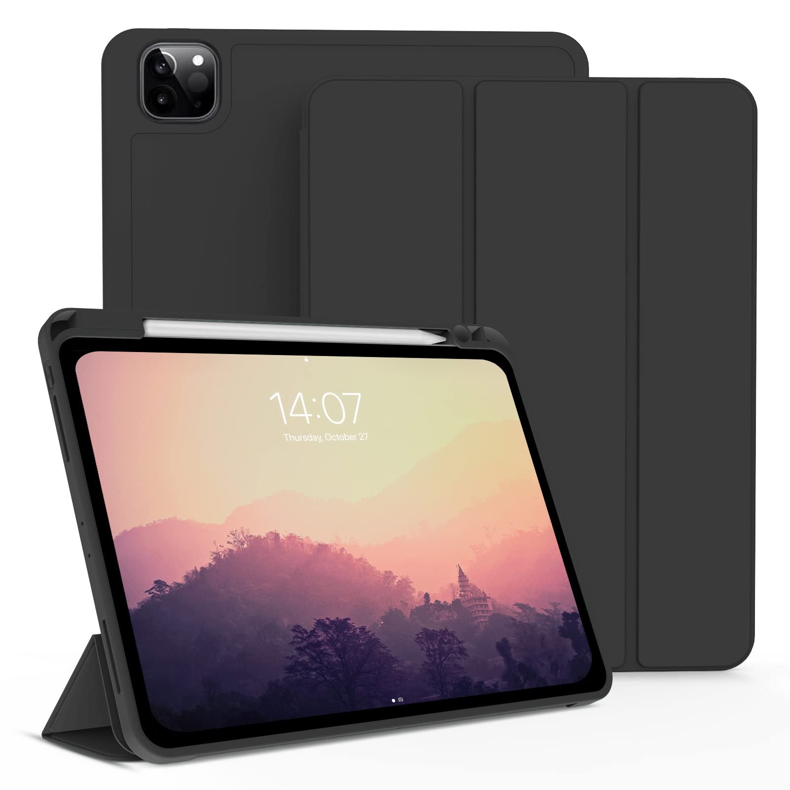 KenKe iPad Pro 11 ケース 第4/3/2世代 2022/2021/2020 iPad Pro 11インチ カバー 軽量 柔らかいシリコン TPU材質 ペン収納 iPad 保護カバー 第2世代Pencil充電対応 3段階折り畳み可 スタンド マグネット付き 自動スリープ機能 (ダークブラック)