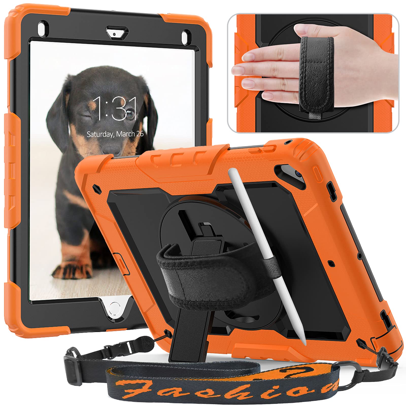 Timecity ipad air2 ケース iPad 9.7 ケース (iPad 第5/ 6世代ケース 2017/ 2018) 保護フィルム内蔵 ショルダーベルト ハンドストラップ付き ペン収納 頑丈 丈夫 使いやすい 耐衝撃 携帯便利 多機能 ipad 9.7 スタンドケース/アイパッド Air 2 タブレットPCケース (オレ