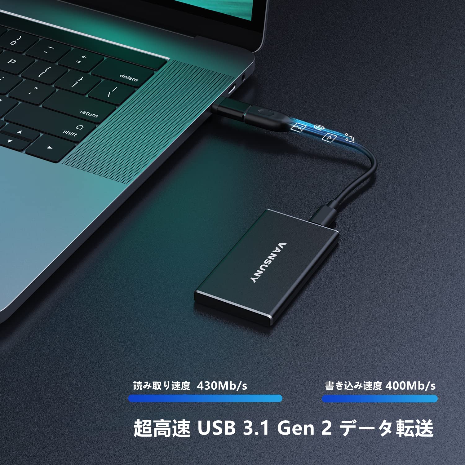 【送料無料】Vansuny SSD 外付け 250GB USB3.1 Gen2 読込速度430MB/s PS5/PS4メーカー動作確認済 コンパクト外付けSSD Type C Windows/MAC OS/Linux/Androidに対応 超高速 超小型 超薄型(ブラック） - Image 2