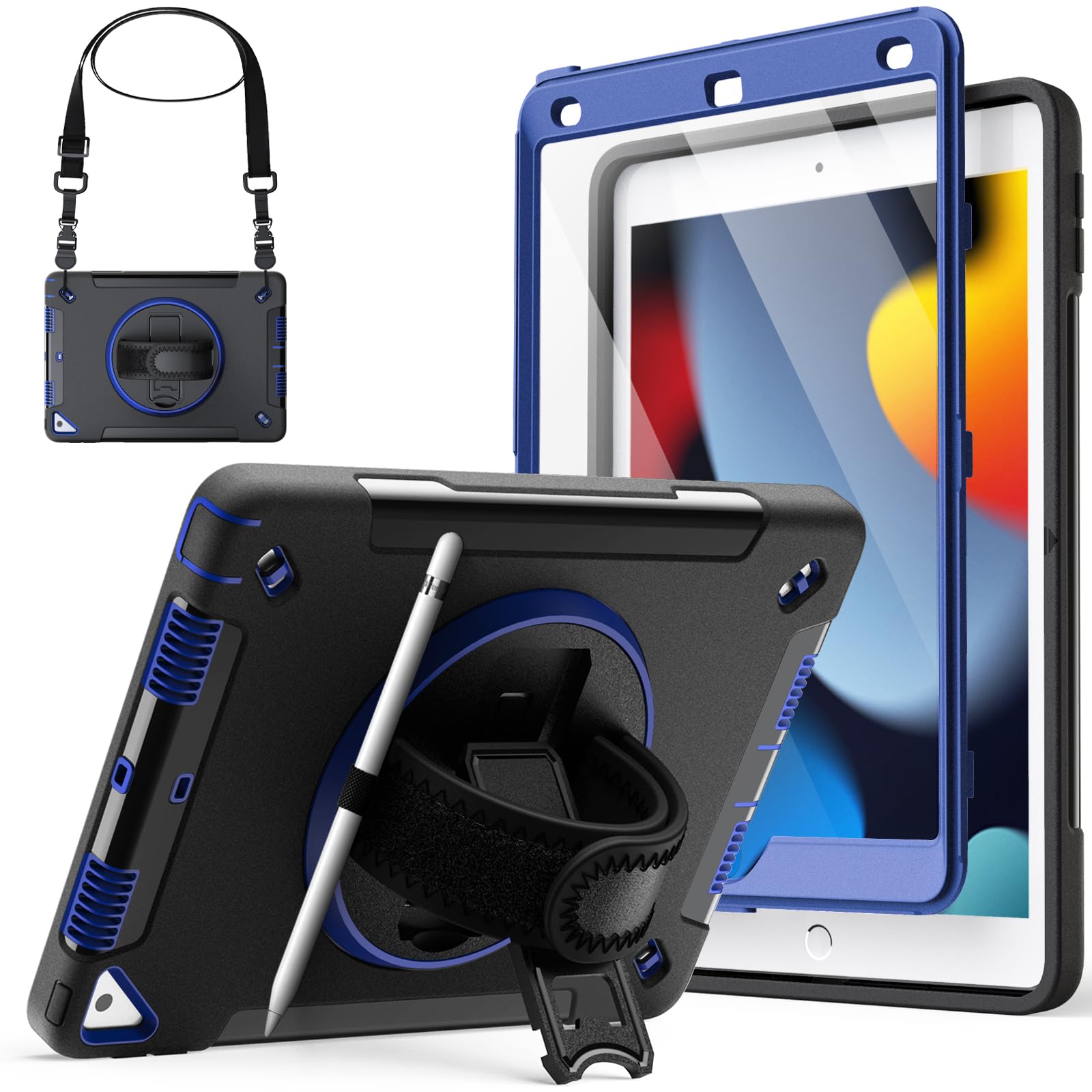 JEDirect iPad 10.2インチ ケース (第9/8/7世代、2021/2020/2019モデル) 液晶保護フィルム付き 保護耐衝撃頑丈なタブレットカバー 360°回転ハンドストラップスタンド (紺)