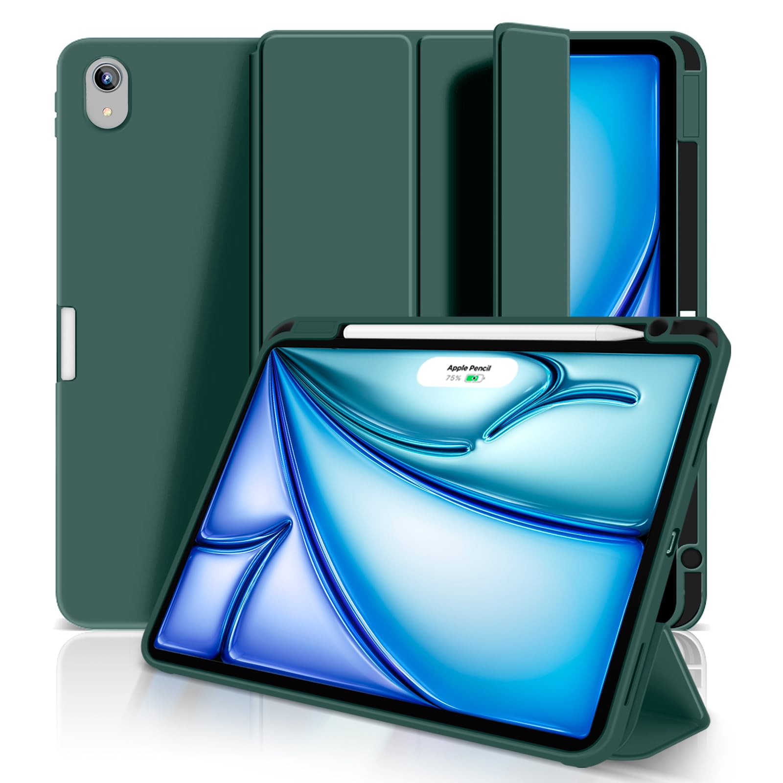 Aoub iPad Air 11 インチ ケース 2024 iPad Air 第5/4世代 カバー 2022/2020年 10.9 インチ Pencil Proペン収納 Apple Pencil2 ワイヤレス充電対応 オートスリープ/ウェイク機能対応 ソフト TPU 薄型 軽量 耐衝撃 三つ折りスタンド(パイングリーン)