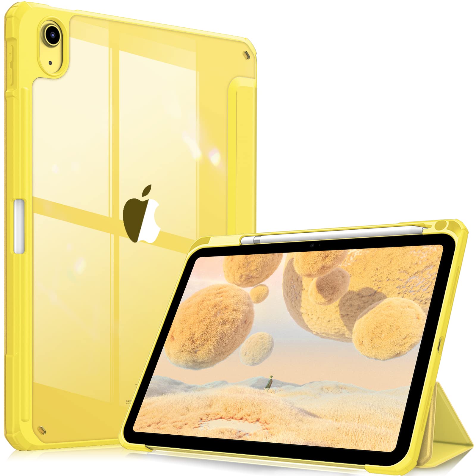 Fintie iPad 第10世代 ケース 2022 10.9 インチ 透明バックカバー Apple Pencil 収納可能 三つ折スタンド スリープ機能 軽量 薄型 傷つけ防止 PU合成レザー TPU (モデル番号A2696、A2757、A2777)（イェロー）