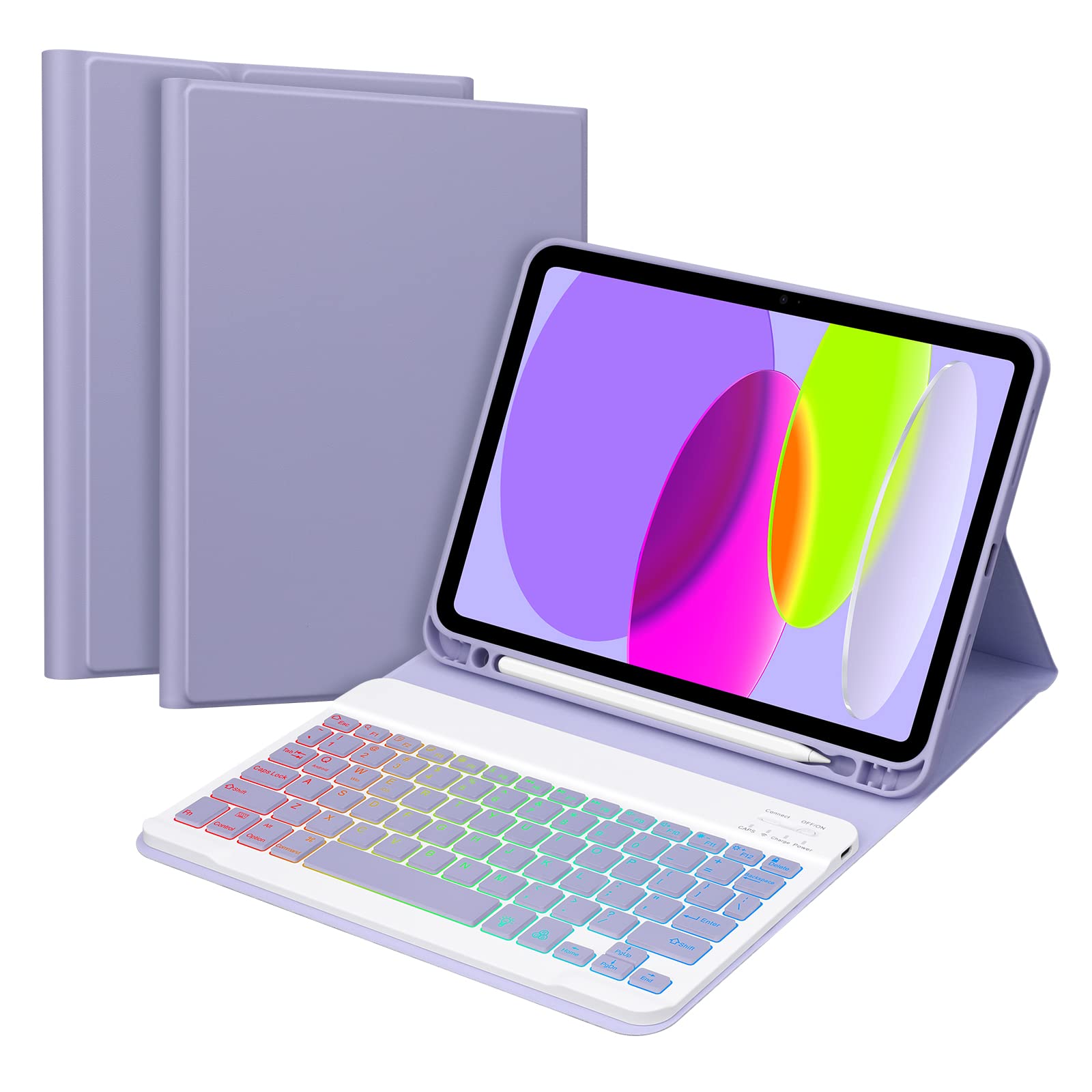 iPad 第10世代 キーボード ケース GOOJODOQ (2022) iPad 10 ケース 7色バックライト付き ワイヤレス キーボード カバー iPad 10th 10.9インチ専用ケース 脱着式 ペンホルダー付き スタンド機能 オートスリープ機能 多角度調整 傷つけ防止 耐久性(パープル)