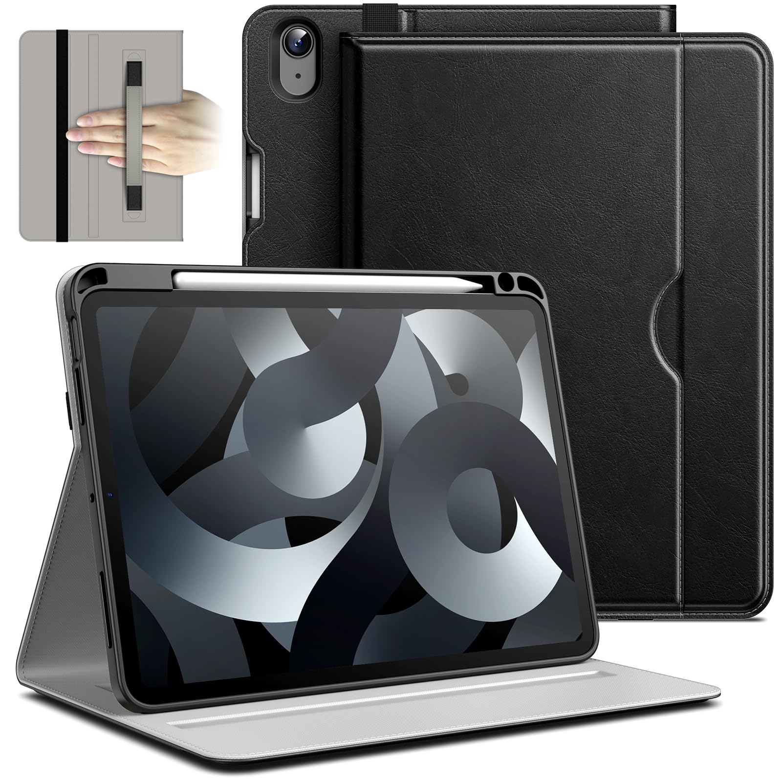 JEDirect iPad Air 11 インチ M2 (2024)、iPad Air 5/4 ケース (10.9 インチ、2022/2020モデル、 第5/4世代用)、PU レザー フォリオ タブレット保護カバー Pencil収納可能 & ポケット、マルチアングル表示 (ブラック)