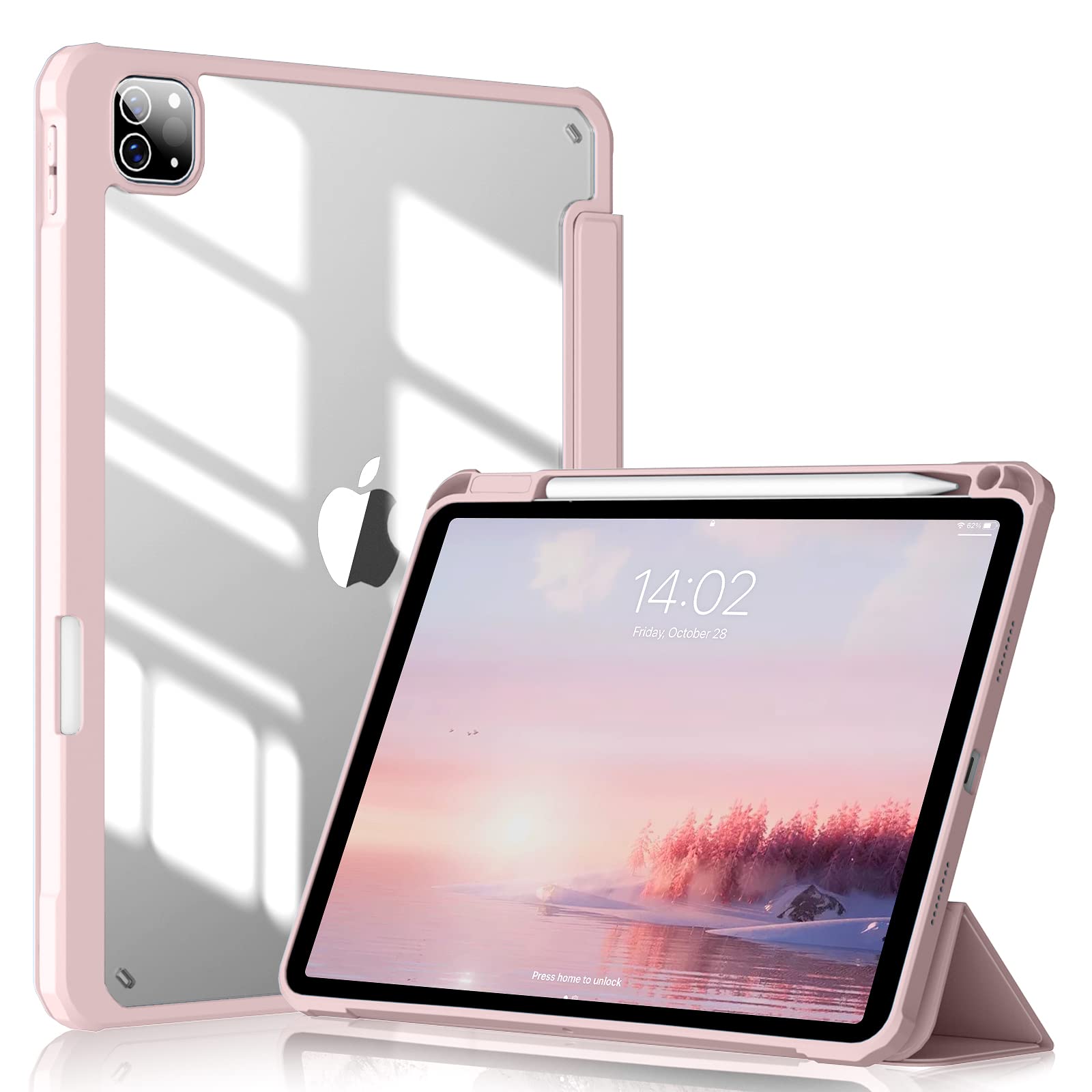 【送料無料】KenKe iPad Pro 11 ケース 2022/ 2021/ 2020 透明バックカバー 軽量 薄型 傷つけ防止 PU合成レザー Apple Pencil 収納可能 iPad ケース Apple Pencil 2 ワイヤレス充電対応 三つ折スタンド スリープ機能 iPad Pro 11インチ ケース 第4/3/2世代対応 (ピンク)