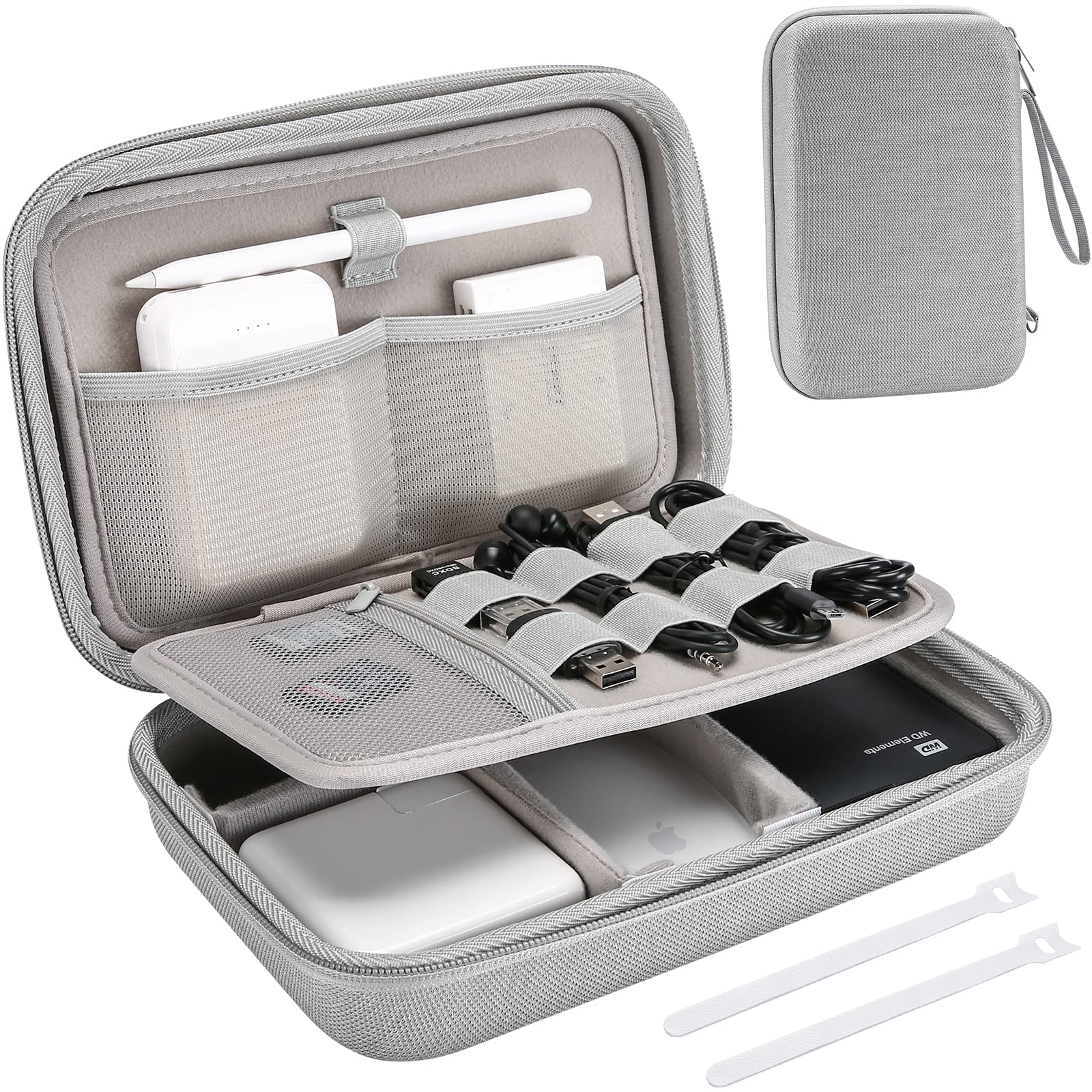 ProCase ガジェットポーチ、防水性のあるEVA材、大容量、3層仕組み MacBook アダプタ・ Magic Mouse 2・ USB Flash Disk・SD収納、スマホ・タブレット充電・ケーブルの小物入れ、PC周辺アクセサリーの整理バッグ −グレー