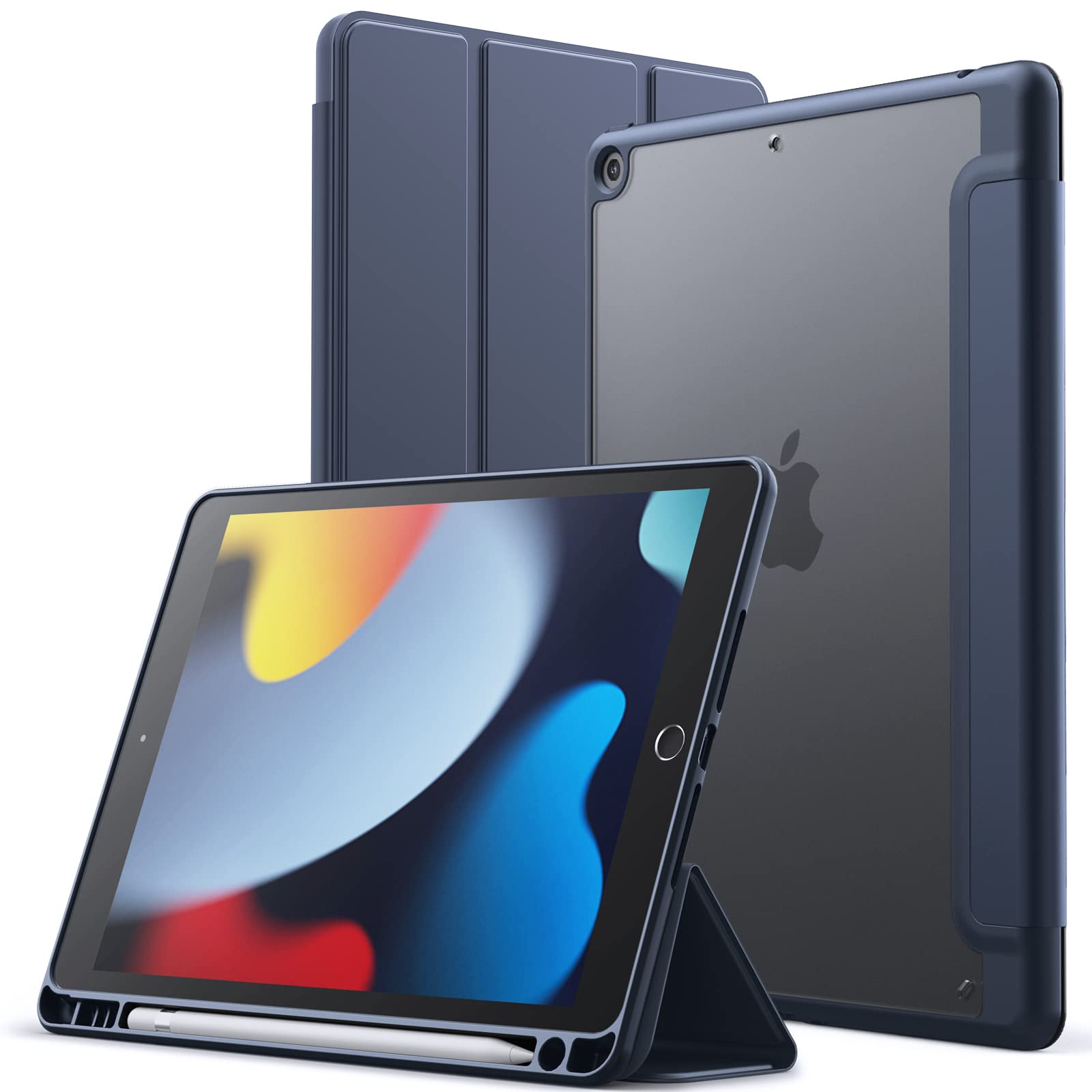 JEDirect iPad 9/8/7 マットケース（10.2インチ、 2021/2020/2019モデル、 第9/8/7世代用）Pencilホルダー つや消しの半透明の背面 薄型 スタンド 保護 タブレットカバー (紺)